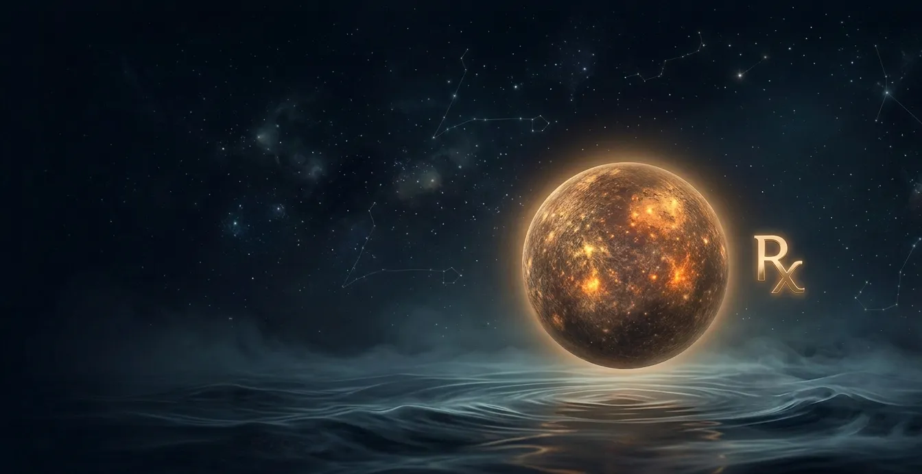 Mercury retrograde 2026 with Rx symbol over water