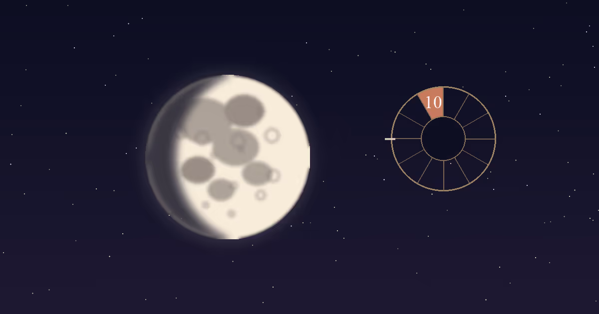 A cream lunar disc with grey maria beside a gold twelve-sector chart wheel with the 10th house wedge highlighted terracotta, on a navy starfield