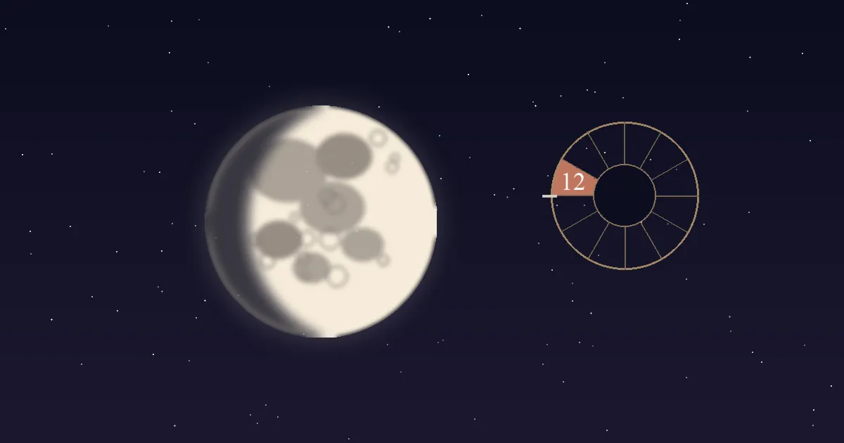 A cream lunar disc with grey maria beside a gold twelve-sector chart wheel whose 12th house wedge is filled terracotta and numbered, on a deep navy starfield