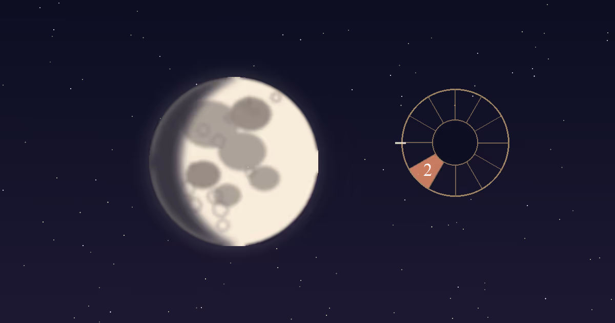 A cream lunar disc with grey maria beside a gold twelve-sector chart wheel with the 2nd house wedge highlighted terracotta, on a navy starfield
