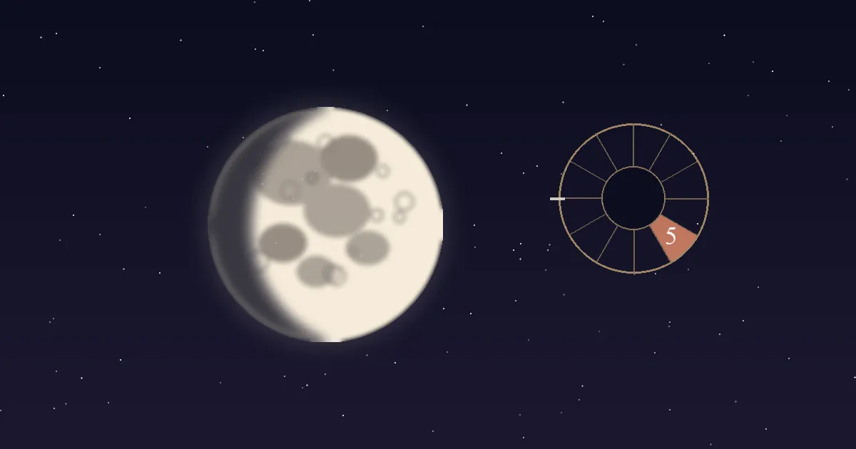 A cream lunar disc with grey maria beside a gold twelve-sector chart wheel whose 5th house wedge is filled terracotta and numbered, on a deep navy starfield