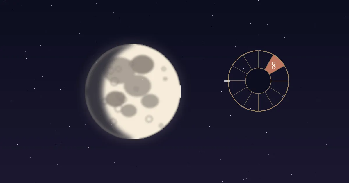A cream lunar disc with grey maria beside a gold twelve-sector chart wheel whose 8th house wedge is filled terracotta and numbered, on a deep navy starfield