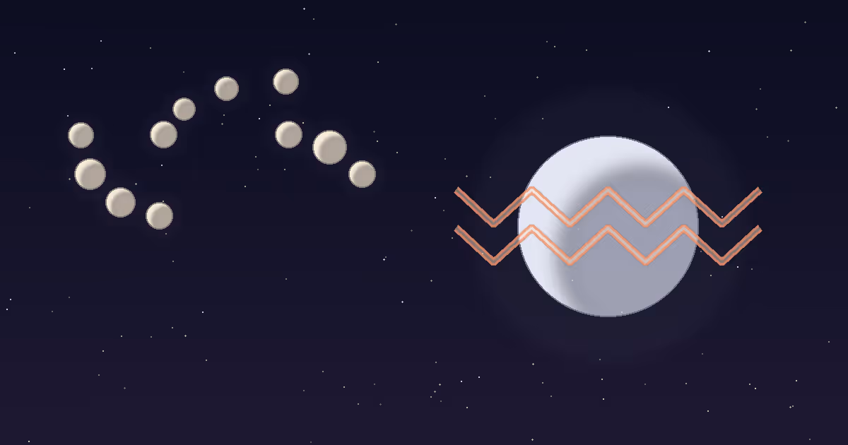 A cool porcelain-white moon crossed by two horizontal Aquarius wave-lines in terracotta, standing apart from a loose cluster of eleven small warm moon discs on a deep navy starfield, illustrating the Moon in Aquarius as the observer moon