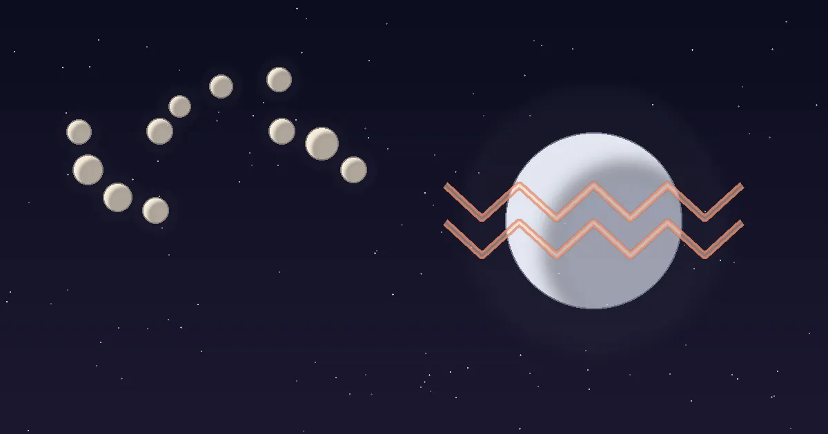 A cool porcelain-white moon crossed by two horizontal Aquarius wave-lines in terracotta, standing apart from a loose cluster of eleven small warm moon discs on a deep navy starfield — illustrating the Moon in Aquarius as the observer moon, connected to the group but processing from a distance