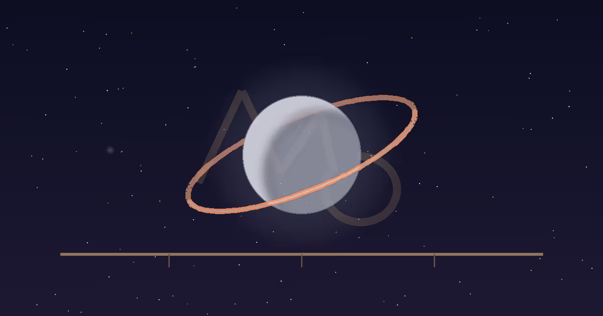 A cool ash-grey moon threaded by a heavy terracotta Saturn ring and pressed by a thin gold load-bar, framed by a translucent gold Capricorn sea-goat glyph with a faint receding Pluto orbit behind it, against a deep navy starfield — illustrating the Moon in detriment in Capricorn running on its dispositor Saturn