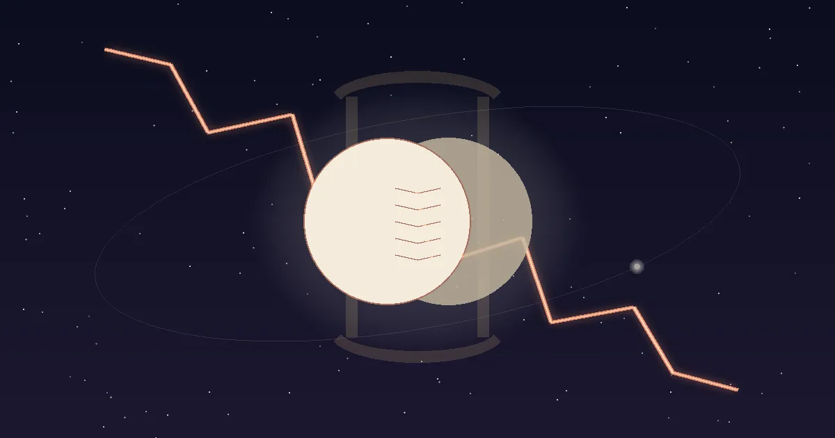 A cream-white moon split into two overlapping crescents joined by fine terracotta speech-line threads against a deep navy field, framed by a translucent gold Gemini twins glyph with a thin Mercury orbit and a jagged Uranus arc crossing it — illustrating the natal placement Moon in Gemini, the peregrine Moon routed through its dispositor Mercury