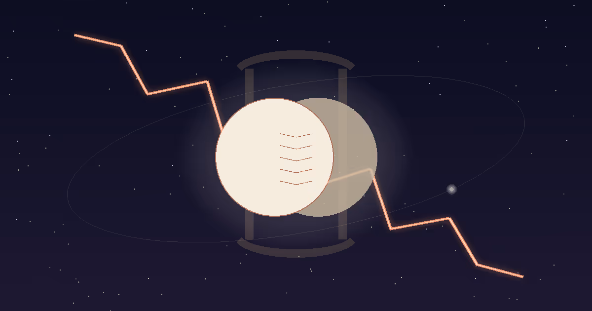 Two overlapping cream-gold moon discs joined by fine terracotta connective threads, framed by a translucent gold Gemini twin-pillar glyph with a thin Mercury orbit and a jagged electric terracotta Uranus bolt crossing the field, against a deep navy starfield — illustrating the peregrine Moon in Gemini running on its dispositor Mercury