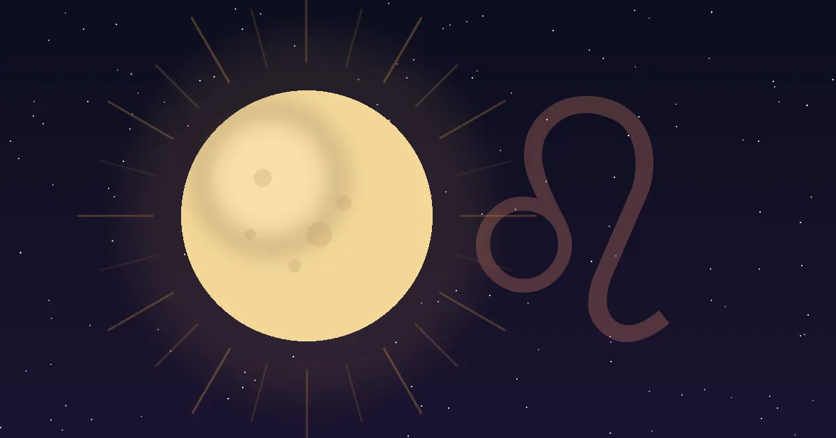 A golden full moon ringed by a soft amber sun corona against a deep navy starfield, with the Leo glyph rendered in translucent terracotta behind it — illustrating the natal placement Moon in Leo, the Moon hosted in the Sun's own sign