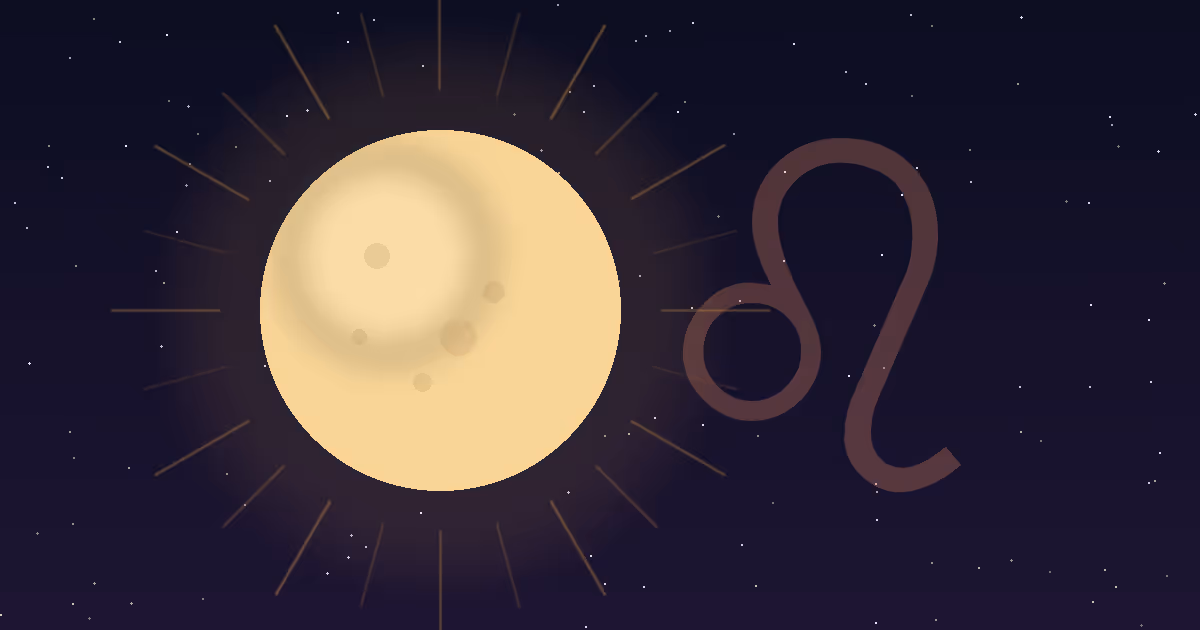 A golden full moon ringed by a soft amber sun corona against a deep navy starfield with the Leo glyph rendered in translucent terracotta behind it, illustrating the natal placement Moon in Leo — the Moon hosted in the Sun's own sign