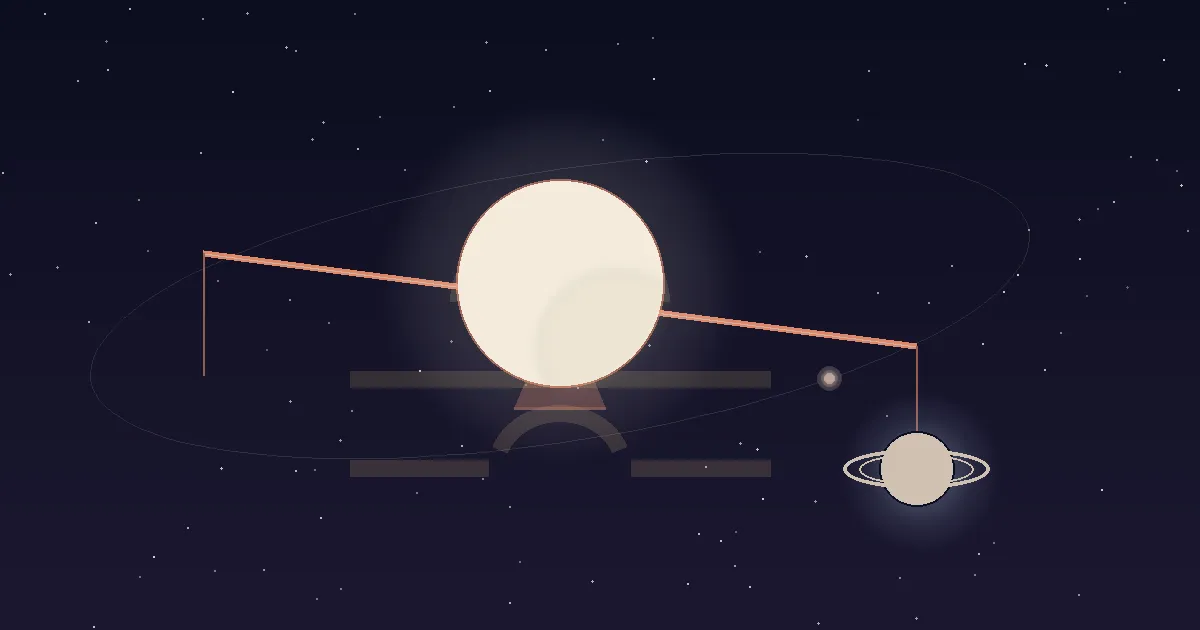 A cream-white moon balanced on the centre point of a fine terracotta scale-beam against a deep navy field, framed by a translucent gold Libra scales glyph with a thin Venus orbit, and a hard terracotta Saturn ring with a faint Neptune mist sitting on the opposite arm of the beam — illustrating the natal placement Moon in Libra, the peregrine Moon routed through its dispositor Venus, with the 2026 Saturn–Neptune opposition weighing on it
