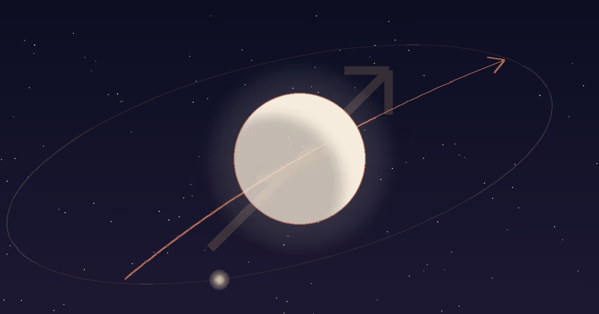 A warm cream-gold moon riding up a long terracotta arrow-arc that launches out of frame, framed by a large translucent gold Sagittarius arrow glyph with a wide sweeping Jupiter orbit and a bright Jupiter dot, against a deep navy starfield — illustrating the peregrine Moon in Sagittarius running on its dispositor Jupiter