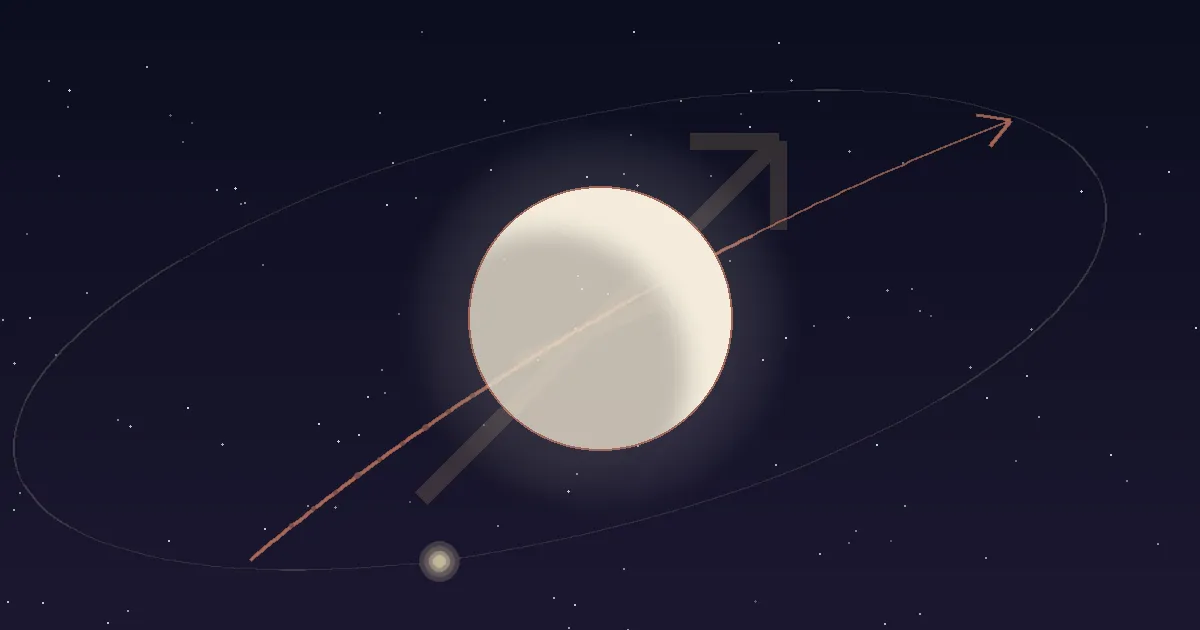 A cream-gold moon mid-flight along an upward terracotta arrow-arc against a deep navy field, framed by a large translucent gold Sagittarius archer glyph with a wide Jupiter orbit sweeping past it — illustrating the natal placement Moon in Sagittarius, the peregrine Moon routed through its dispositor Jupiter
