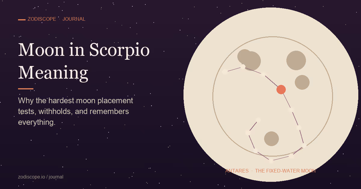 A luminous full moon with the Scorpius constellation traced across its face, the bright red star Antares at the constellation's heart, illustrating the meaning of the moon in Scorpio