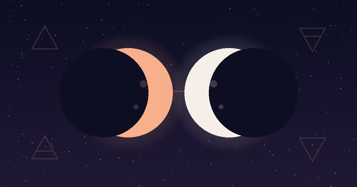 Two crescent moons facing each other across a deep indigo sky — one warm terracotta, one cool cream — connected by a thin luminous arc, with the four element glyphs traced faintly in the corners, illustrating moon sign compatibility as an element-and-dignity framework rather than a 144-combination listicle