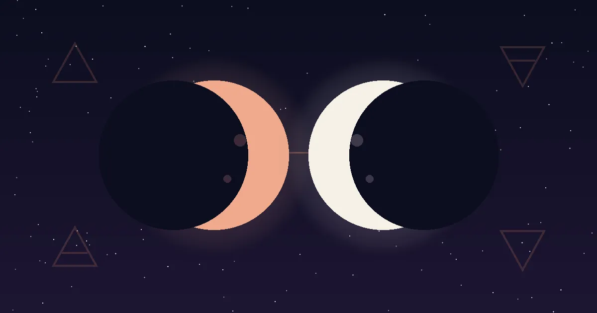 Two crescent moons facing each other across a deep indigo sky — one in warm terracotta, one in cool cream — connected by a thin luminous arc, with the four element glyphs (fire, earth, air, water) traced faintly around them, illustrating moon sign compatibility as an element-pair framework rather than a 144-combination listicle