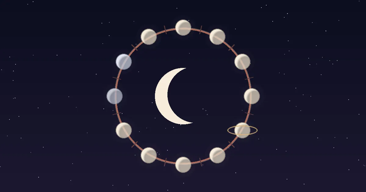 Twelve small moon discs arranged in a terracotta chart-wheel ring on a deep navy starfield, each disc subtly different — one warm cream, one ash-grey, one ringed — with a large central crescent, illustrating the twelve moon signs of astrology