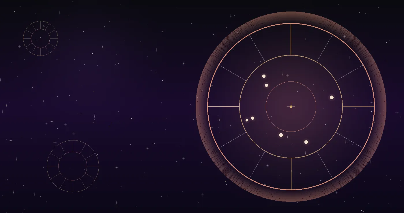 Astrological birth chart wheel divided into the twelve houses with cosmic accents
