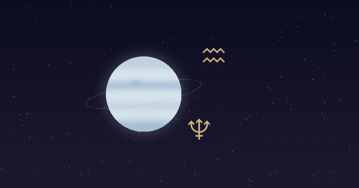 A pale cream-blue Neptune disc with a faint thin ring, a gold trident glyph and a gold Aquarius glyph beside it, on a navy starfield
