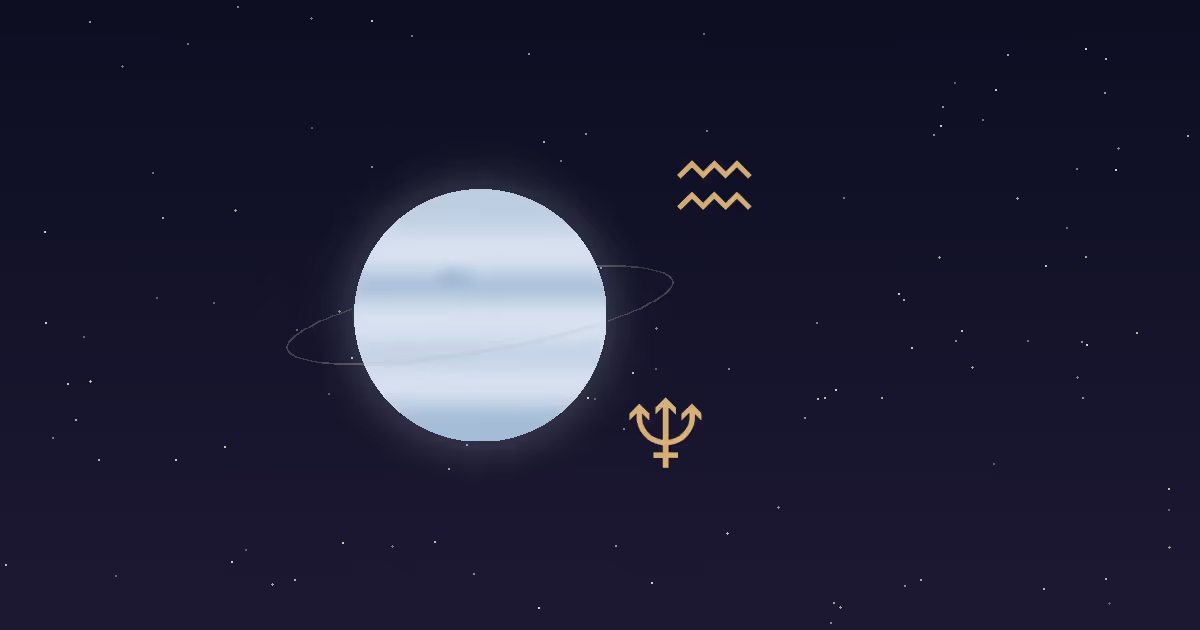 A pale blue Neptune disc with a thin ring, a gold trident glyph and a gold Aquarius waves glyph on a navy starfield