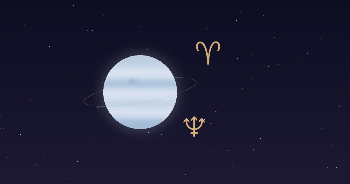 A pale blue Neptune disc with a thin ring, a gold trident glyph and a gold Aries ram glyph on a navy starfield