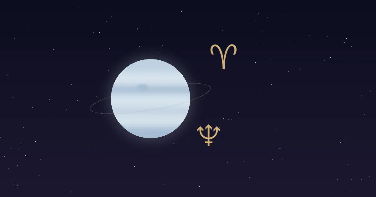 A pale cream-blue Neptune disc with a faint thin ring, a gold trident glyph and a gold Aries ram glyph beside it, on a navy starfield