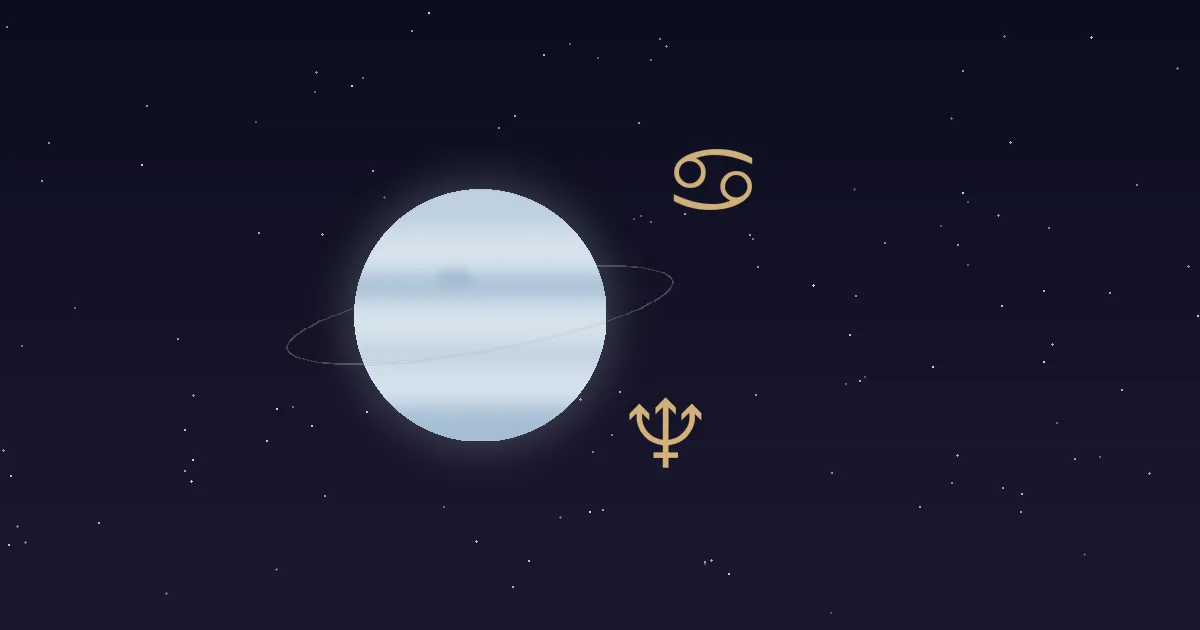 A pale cream-blue Neptune disc with a faint thin ring, a gold trident glyph and the gold Cancer crab glyph beside it, on a navy starfield