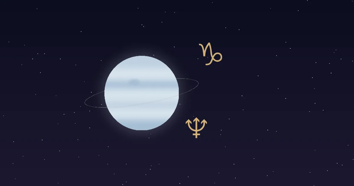 A pale cream-blue Neptune disc with a faint thin ring, a gold trident glyph, and a gold Capricorn sea-goat glyph beside it on a navy starfield