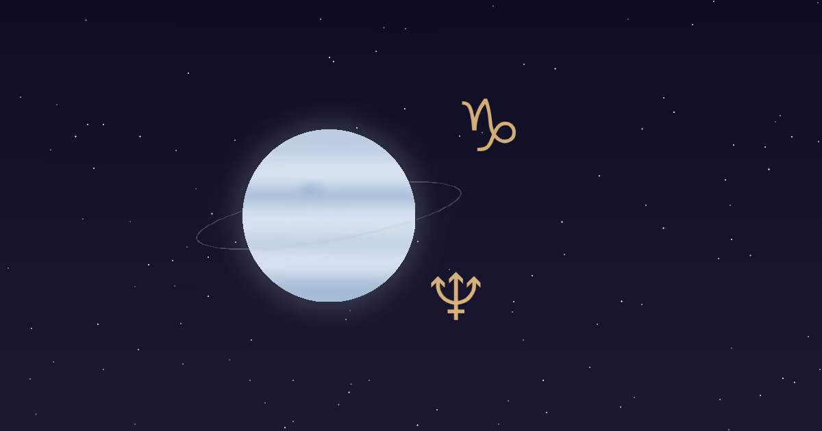 A pale blue Neptune disc with a thin ring, a gold trident glyph and a gold Capricorn glyph on a navy starfield