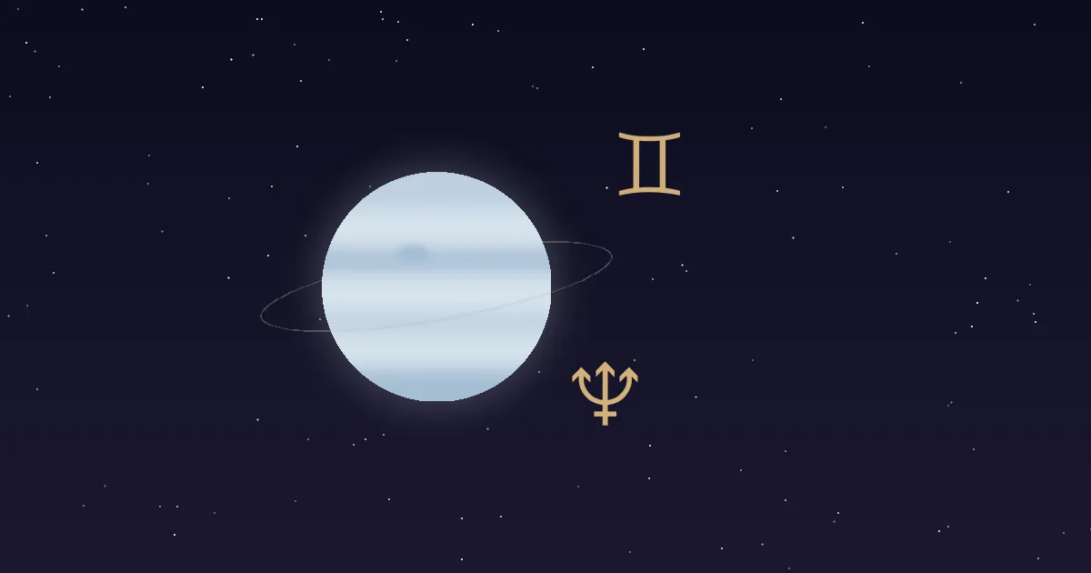 A pale cream-blue Neptune disc with a faint thin ring, a gold trident glyph and the gold Gemini twins glyph beside it, on a navy starfield