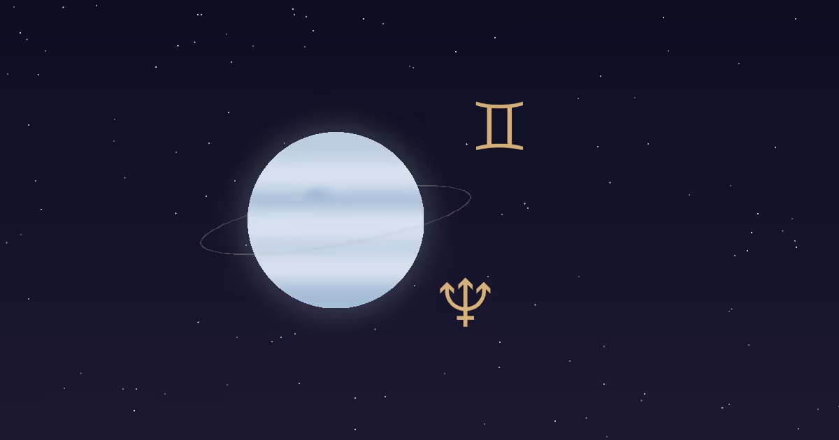 A pale blue Neptune disc with a thin ring, a gold trident glyph and a gold Gemini twins glyph on a navy starfield