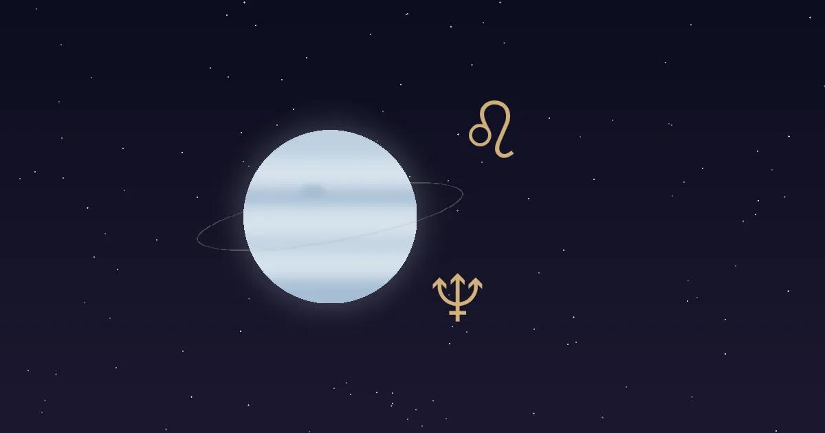 A pale cream-blue Neptune disc with a faint thin ring, a gold trident glyph and the gold Leo lion glyph beside it, on a navy starfield