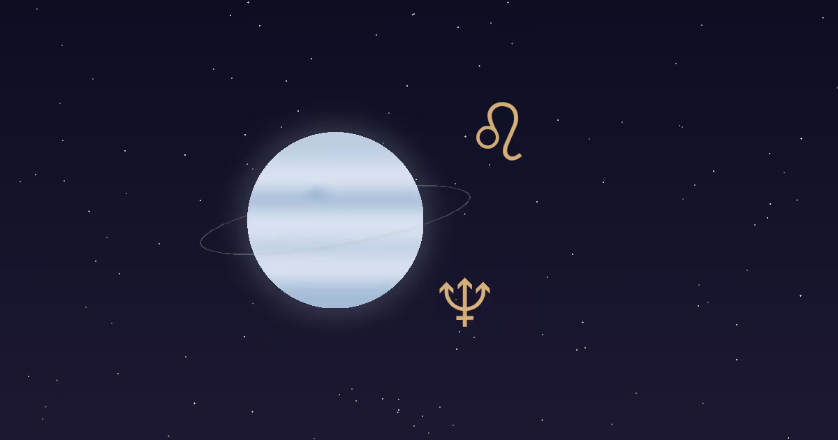 A pale blue Neptune disc with a thin ring, a gold trident glyph and a gold Leo lion glyph on a navy starfield