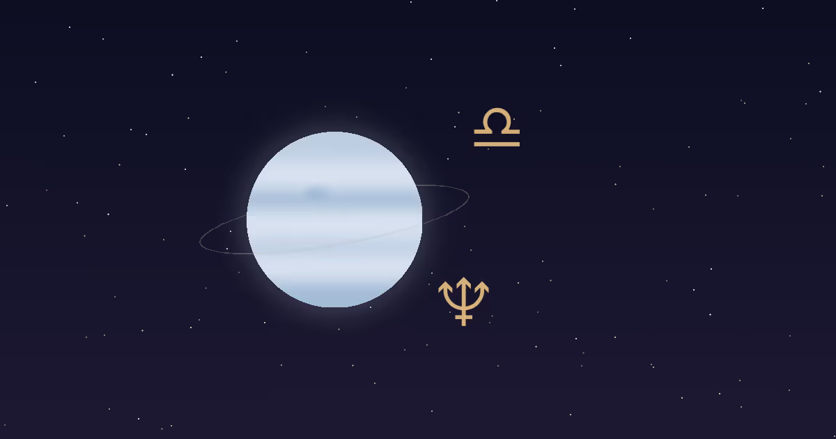 A pale blue Neptune disc with a thin ring, a gold trident glyph and a gold Libra scales glyph on a navy starfield