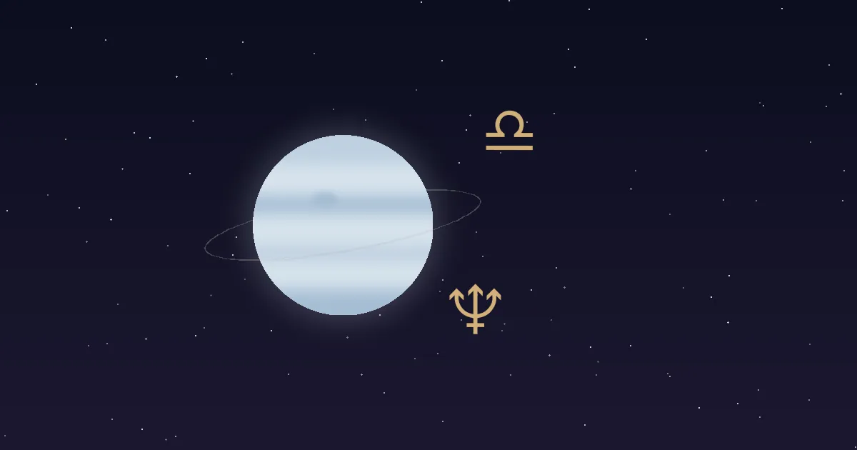 A pale cream-blue Neptune disc with a faint thin ring, a gold trident glyph and a gold Libra scales glyph beside it, on a navy starfield