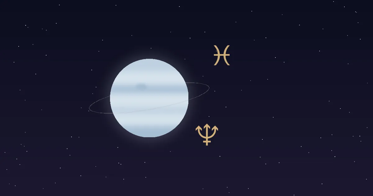 A pale cream-blue Neptune disc with a faint thin ring, a gold trident glyph and a gold Pisces glyph beside it, on a navy starfield