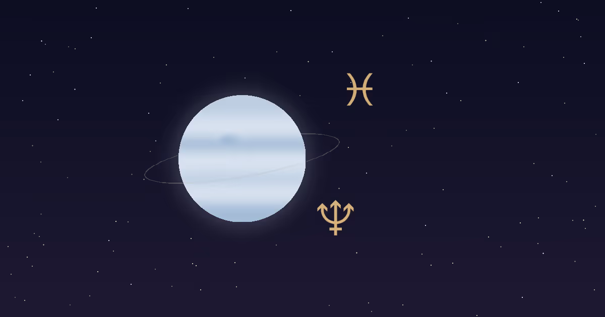 A pale blue Neptune disc with a thin ring, a gold trident glyph and a gold Pisces fishes glyph on a navy starfield