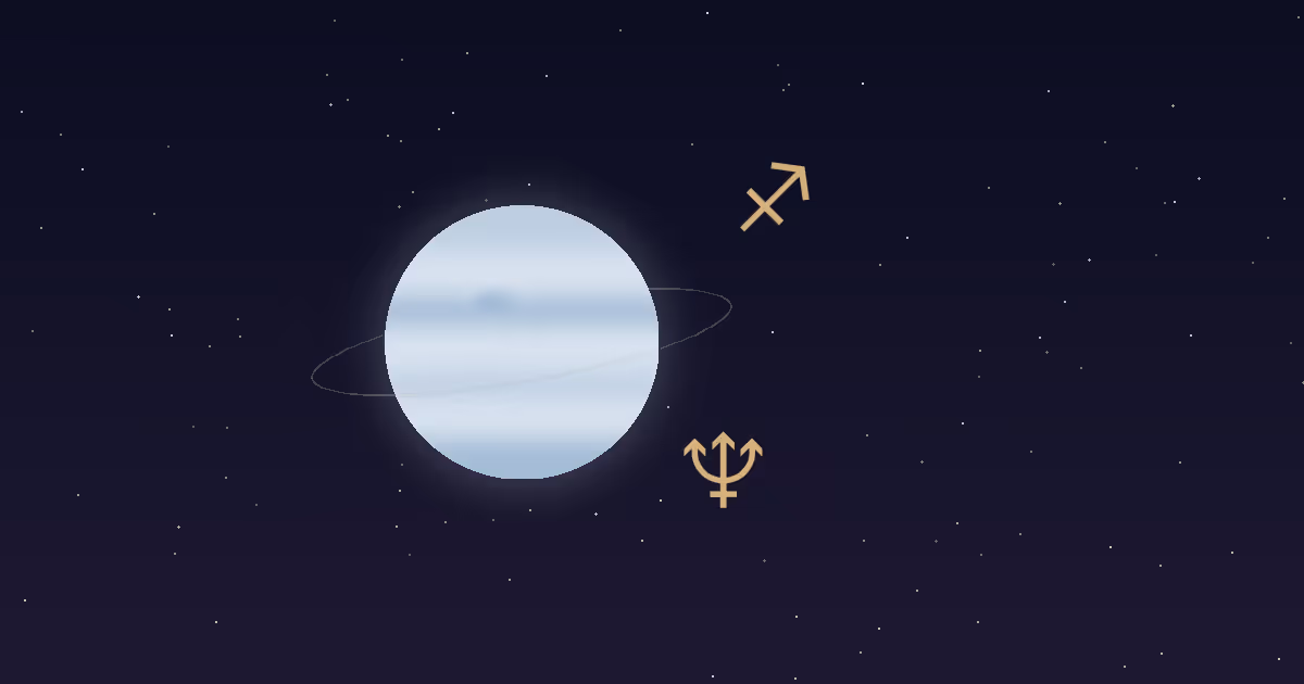 A pale blue Neptune disc with a thin ring, a gold trident glyph and a gold Sagittarius arrow glyph on a navy starfield