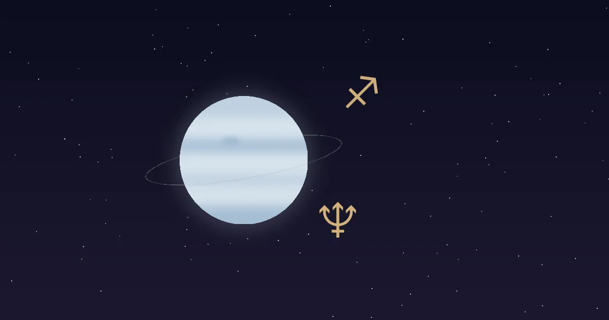 A pale cream-blue Neptune disc with a faint thin ring, a gold trident glyph, and a gold Sagittarius archer glyph beside it on a navy starfield