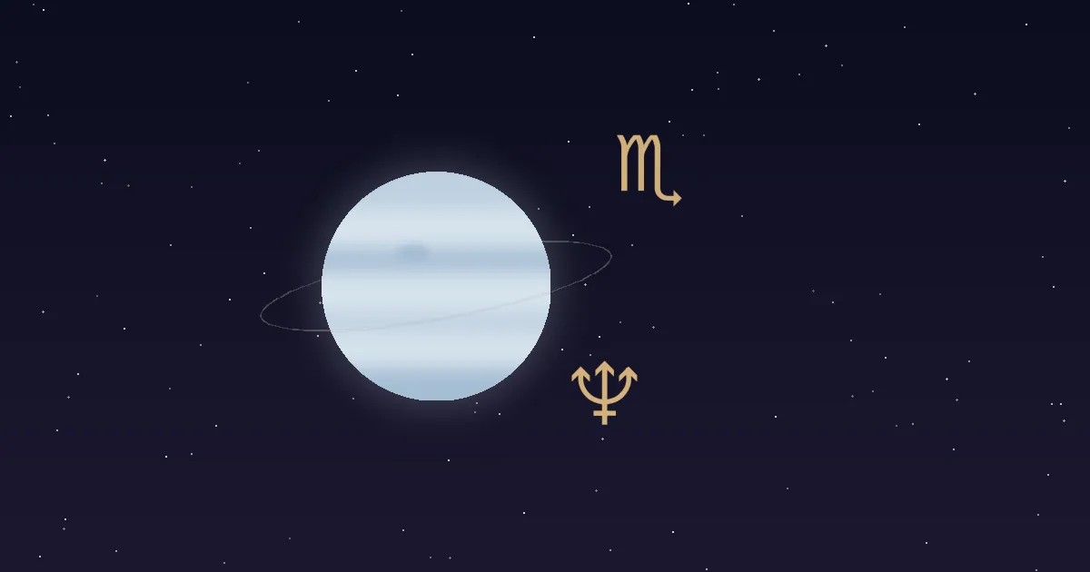 A pale cream-blue Neptune disc with a faint thin ring, a gold trident glyph and a gold Scorpio glyph beside it, on a navy starfield