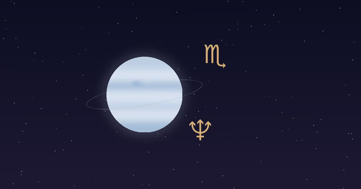 A pale blue Neptune disc with a thin ring, a gold trident glyph and a gold Scorpio glyph on a navy starfield