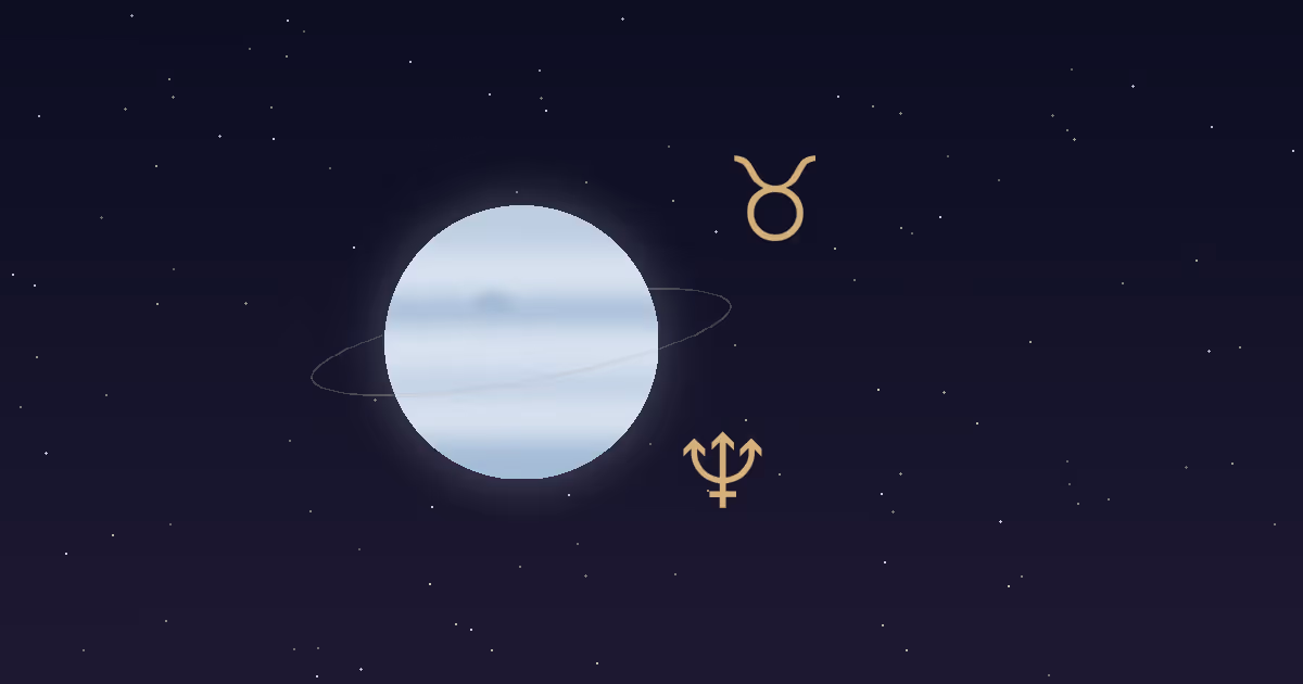 A pale blue Neptune disc with a thin ring, a gold trident glyph and a gold Taurus bull glyph on a navy starfield