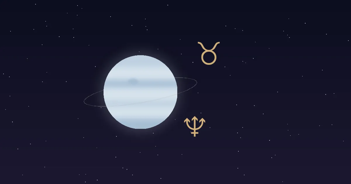 A pale cream-blue Neptune disc with a faint thin ring, a gold trident glyph and the gold Taurus bull glyph beside it, on a navy starfield