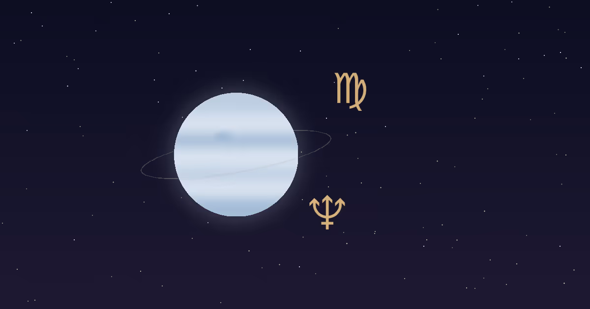 A pale blue Neptune disc with a thin ring, a gold trident glyph and a gold Virgo glyph on a navy starfield