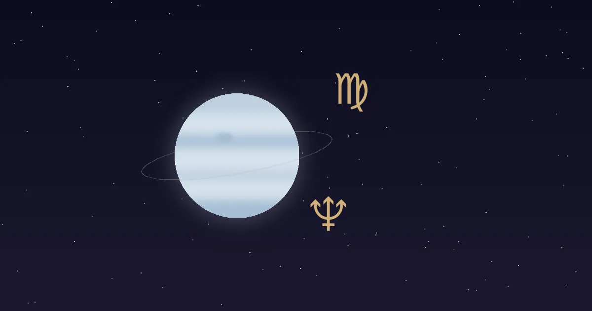 A pale cream-blue Neptune disc with a faint thin ring, a gold trident glyph and a gold Virgo glyph beside it, on a navy starfield
