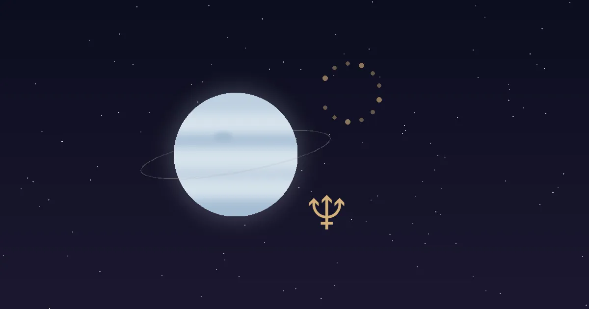 A pale blue Neptune disc with a faint thin ring and a gold trident glyph, ringed by twelve faint gold dots marking the zodiac, on a navy starfield