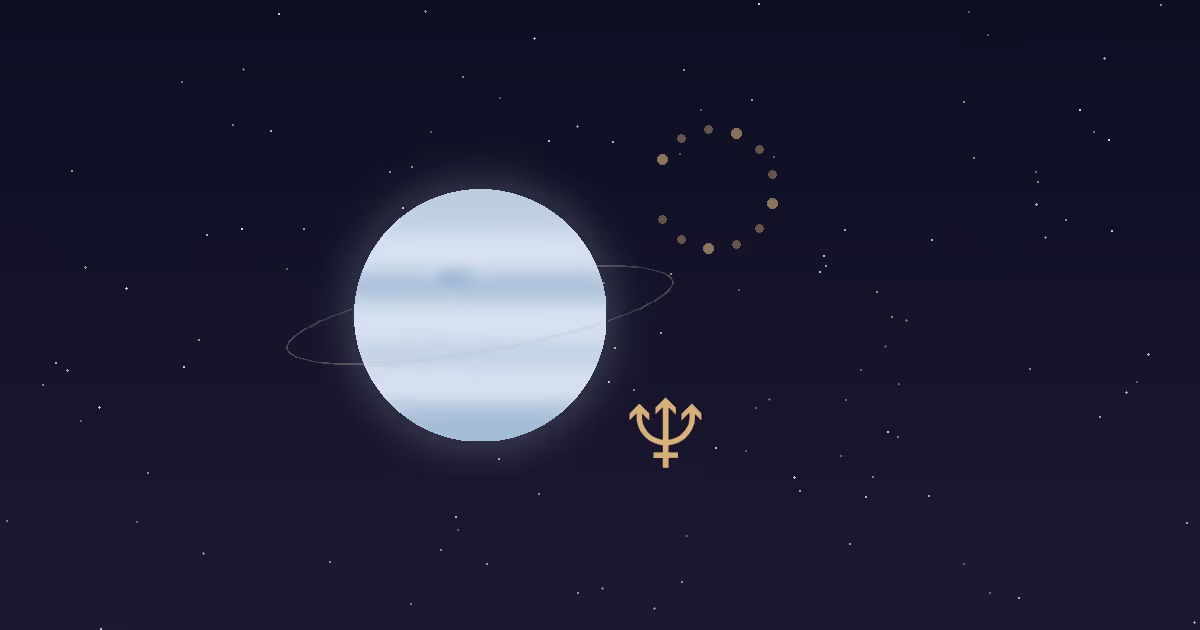 A pale blue Neptune disc with a faint ring and a gold trident glyph, ringed by twelve faint gold dots, on a navy starfield