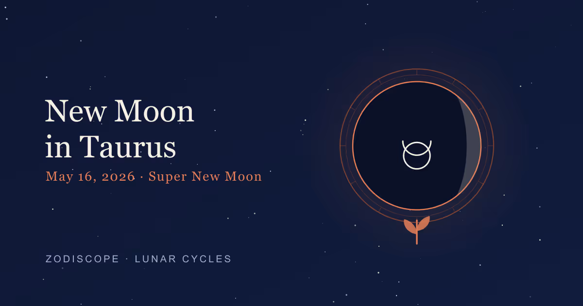 A dark new moon low over a still terracotta horizon under a deep navy starfield, framed by the Taurus bull glyph in cream, a terracotta chart-wheel ring with a thin sliver of returning light, and a single sprout below — illustrating the May 16, 2026 super new moon in Taurus as a seed-planting lunation