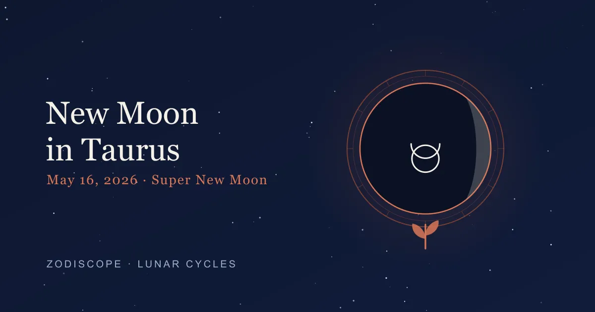 A dark new moon low over a still terracotta horizon under a deep navy starfield, framed by the Taurus bull glyph and a single seedling — the May 16, 2026 super new moon in Taurus, a seed-planting lunation