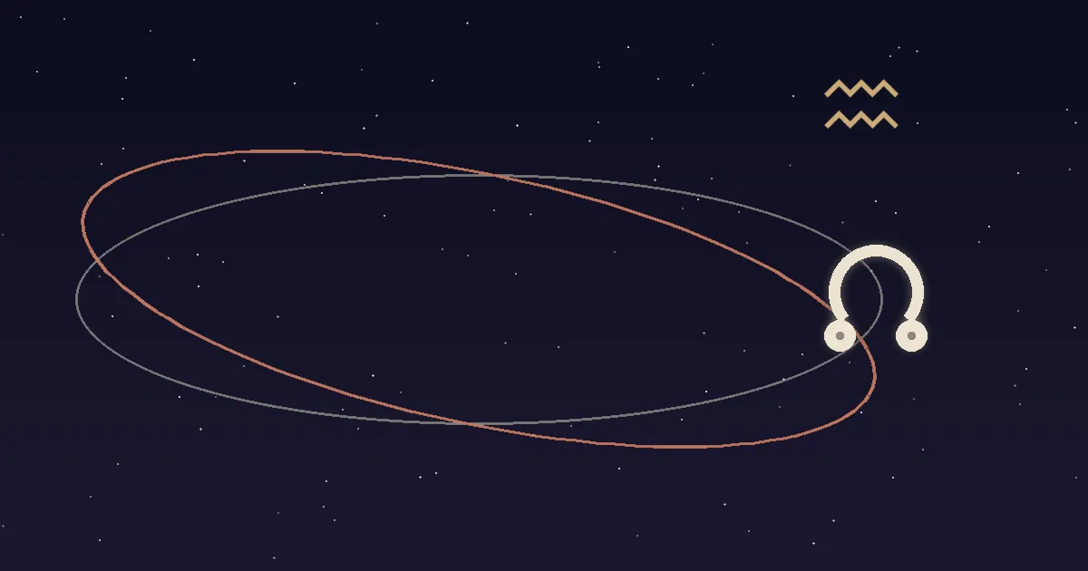 A cream north-node glyph glowing at the crossing of a cream ecliptic and a terracotta lunar orbit, a gold Aquarius glyph above it on a navy starfield
