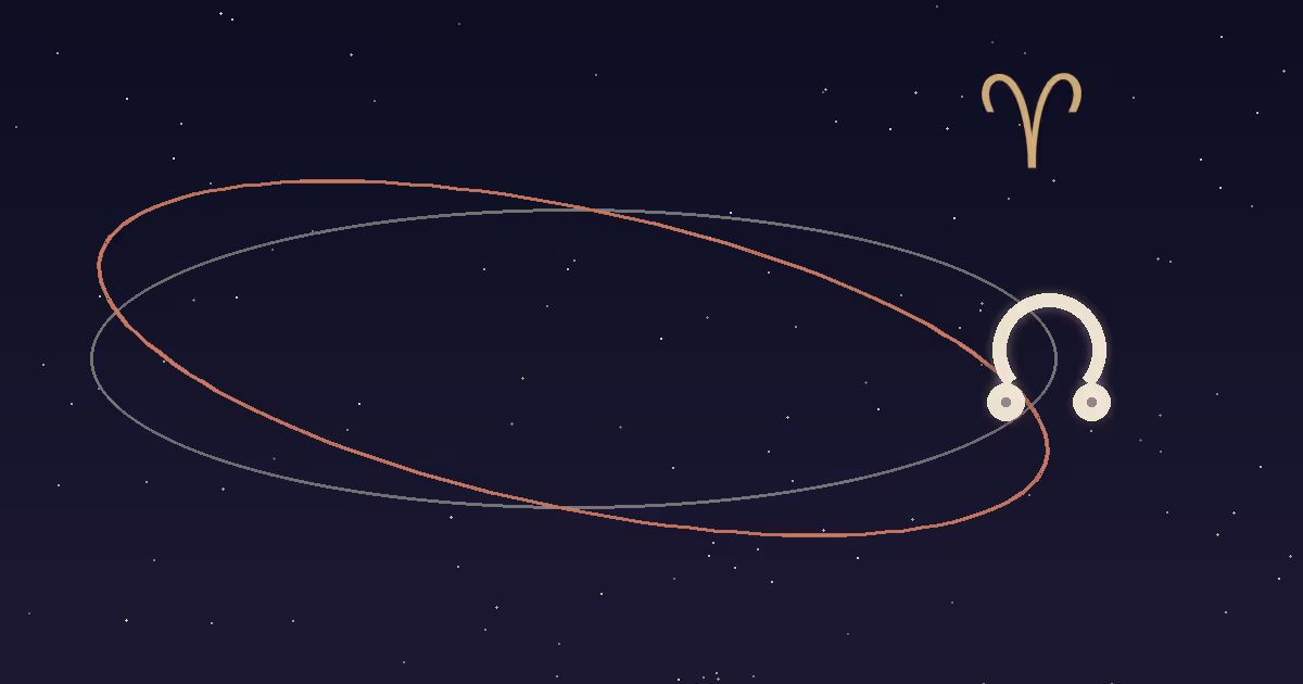 A cream node glyph with a gold Aries glyph above the crossing of a cream ecliptic and terracotta lunar orbit